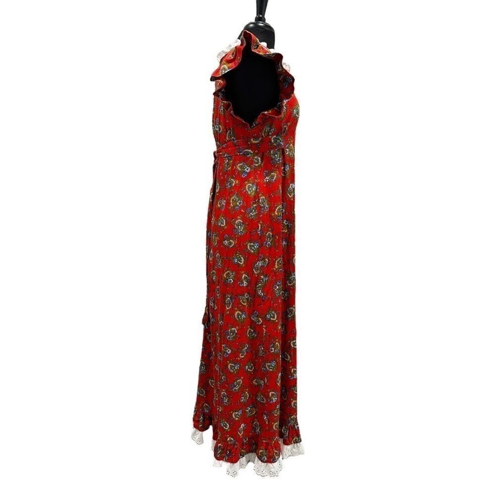 Vintage 1970s Handmade Floral Lace Prairie Maxi Dress Red Ruffle Sleeve Sz S - Picture 6 of 13